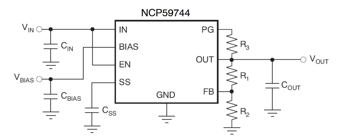アプリケーション回路図 - onsemi NCP59744リニアレギュレータ